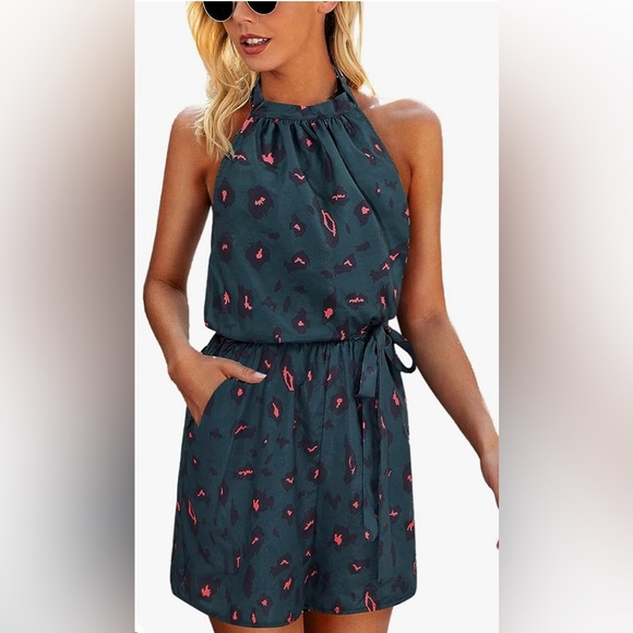 Angashion Women's Rompers - Halter Neck Sleeveless Elastic Waist Romper - Picture 3 of 4